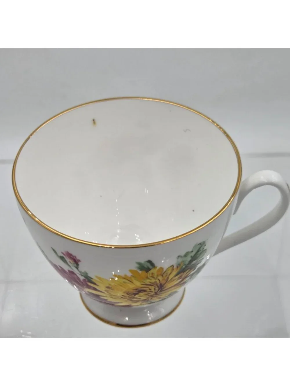 Pink and Yellow Chrysanthemum Bone China Footed Tea Cup and Saucer England